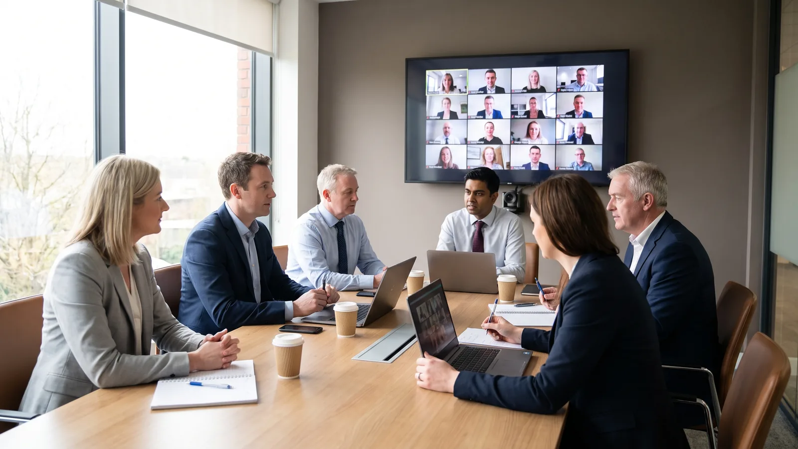 A leadership team of six around a meeting table on a video call with their US parent company on a wall screen