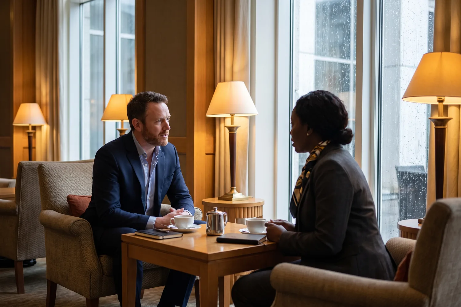 Two executives talk over coffee in a warm hotel lounge as rain falls outside