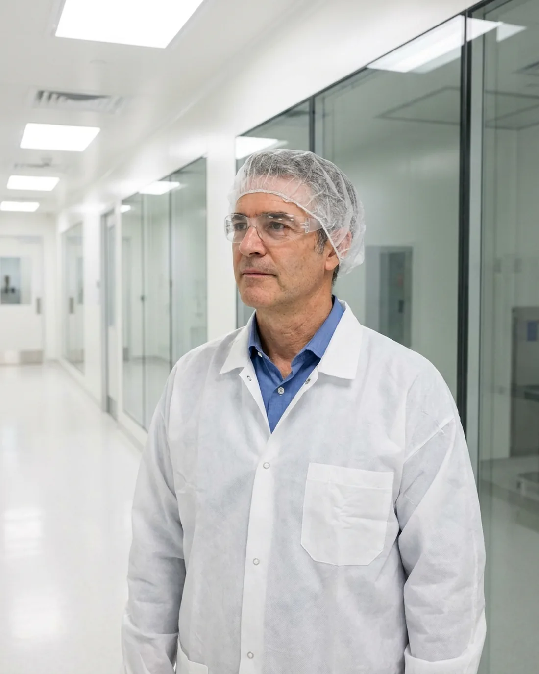 A senior manager in a white gown, hairnet and safety glasses stands in a bright medtech cleanroom corridor